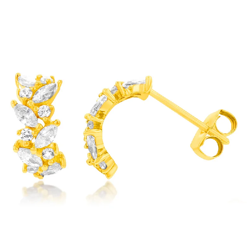 bright earrings for women -9ct Yellow Gold Cubic Zirconia On Leaf Patterned Half Hoop Earrings