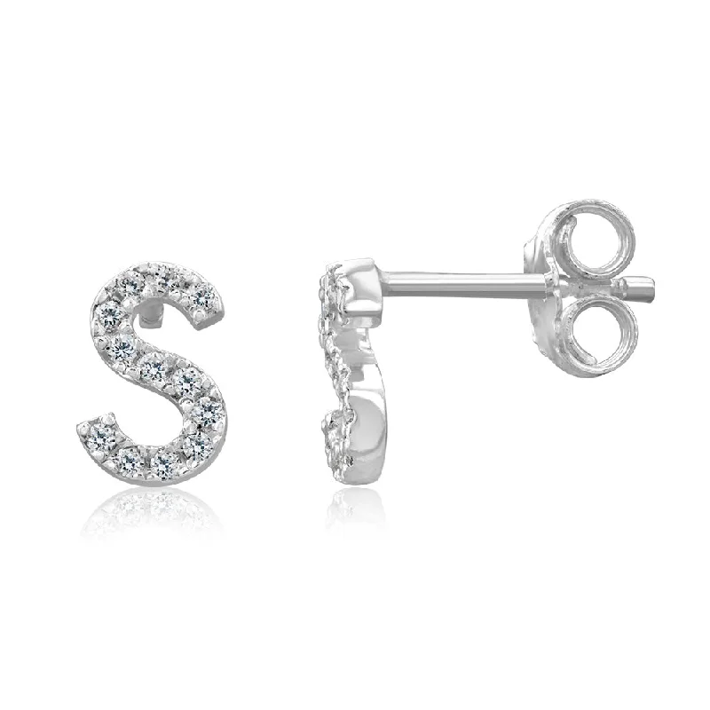 unique earrings for women -Sterling Silver Cubic Zirconia Initial "S" Stud Earrings