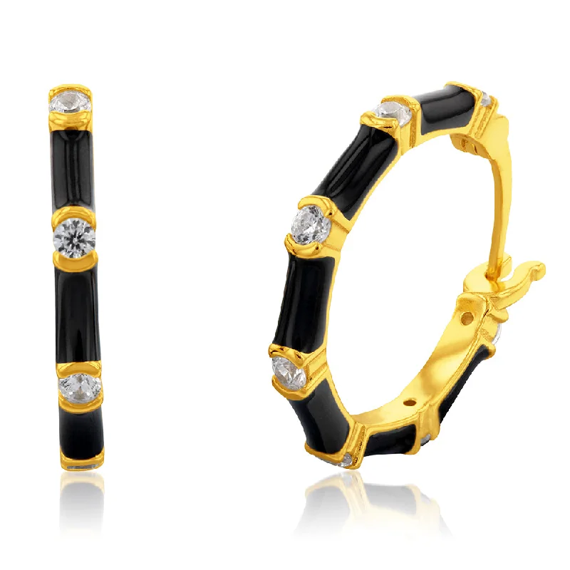 elegant silver earrings for women -Sterling Silver Gold Plated Cubic Zirconia Black Enamel Creole Earrings