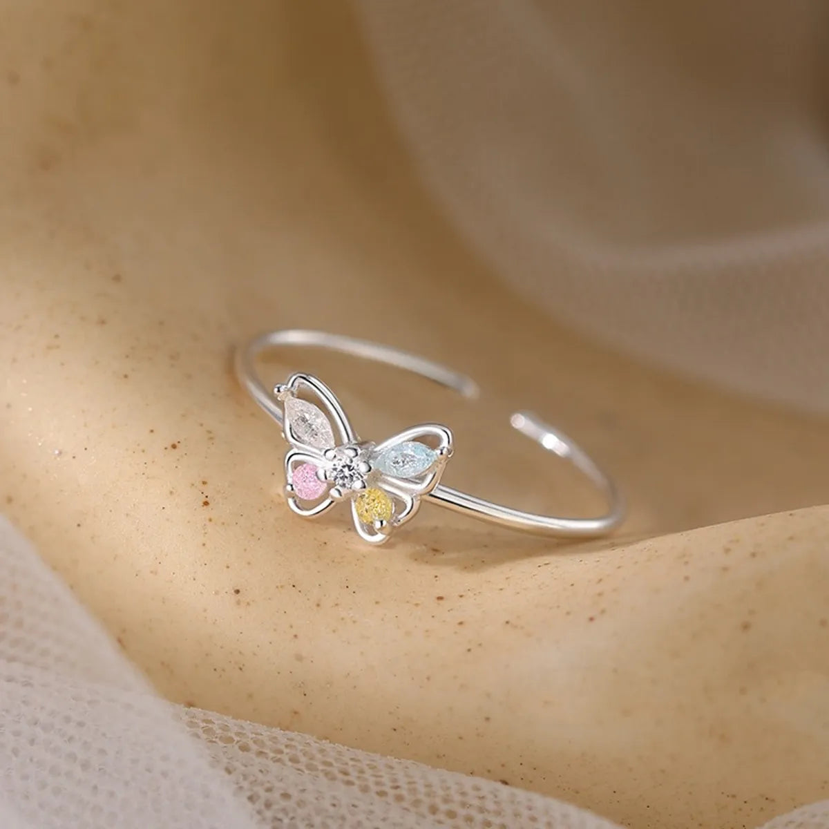 custom made rings for women with diamonds -Sterling Silver Zircon Butterfly Open Rings