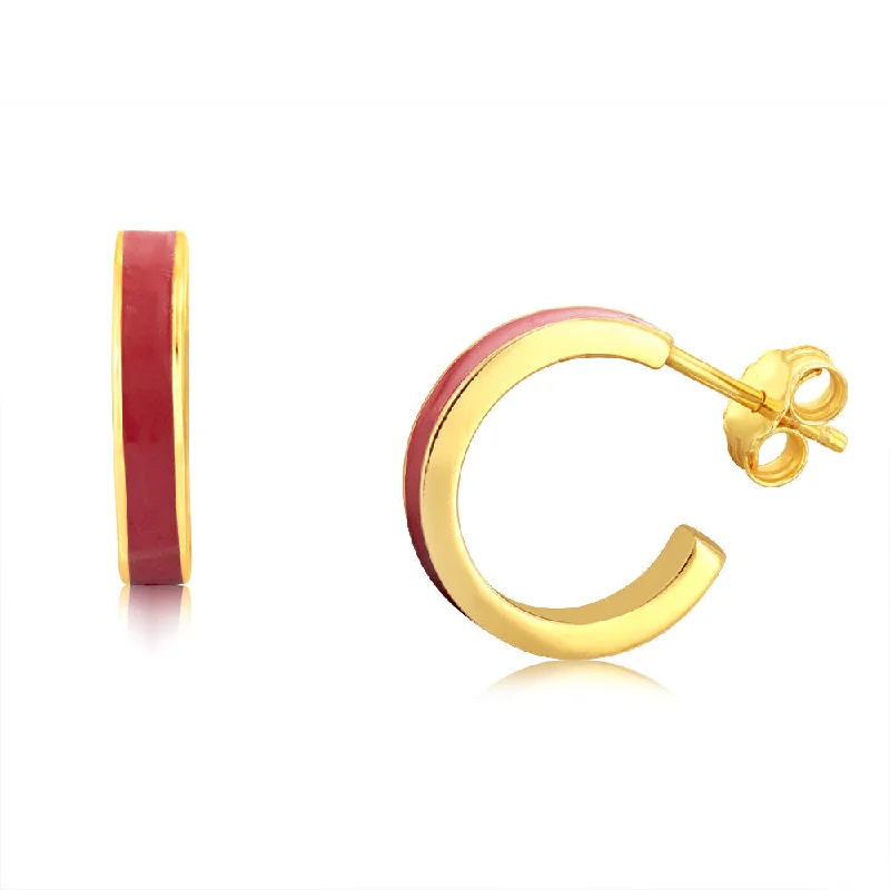 luxurious gemstone hoop earrings for women -Sterling Silver Gold Plated Pink Enamel 15mm Hinged Hoop Earrings