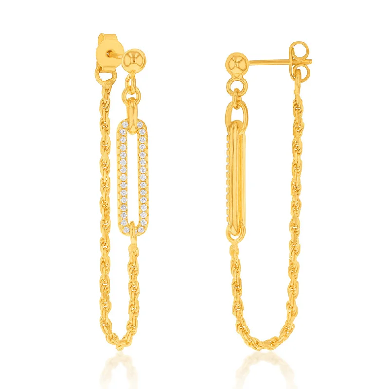 gold dangle earrings for women -Yellow Gold Plated Sterling Silver CZ On Open Rectangle And Chain Earrings