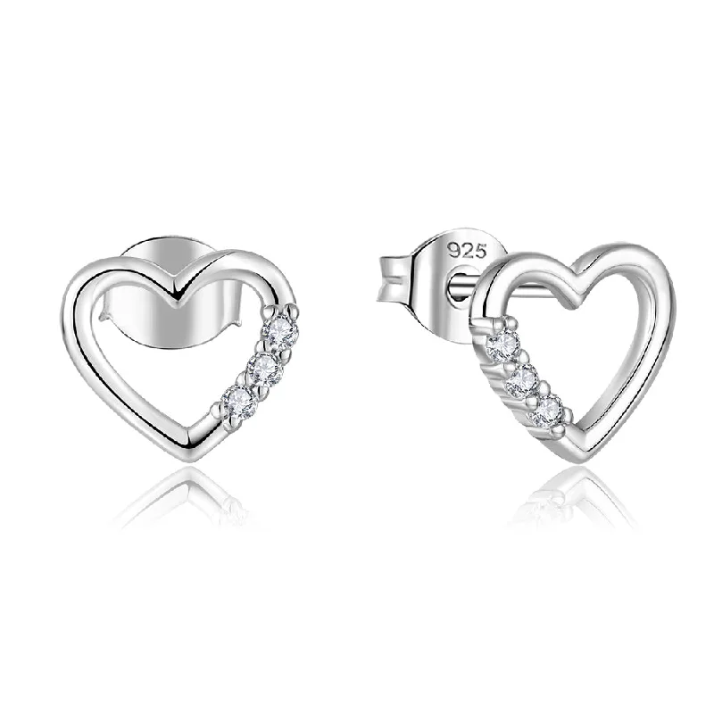 trendy drop earrings with crystals for women -Sterling Silver Rhodium Plated Cubic Zirconia Open Heart Stud Earrings