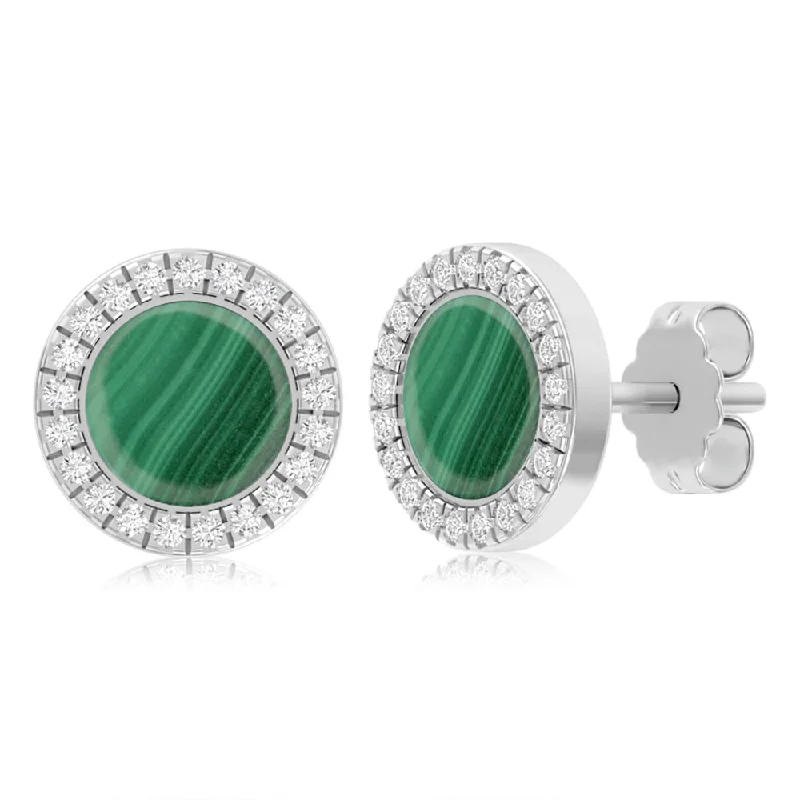 statement earrings for evening for women -Sterling Silver Cubic Zirconia And Created Malachite Round Stud Earrings