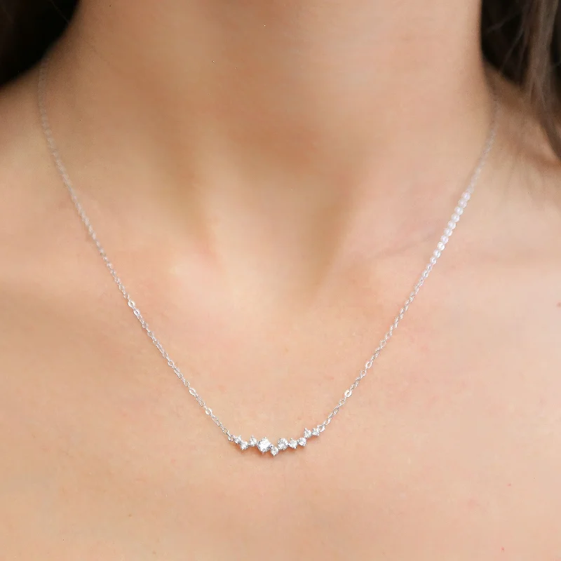 sparkling love necklace with gemstones for women -COSMIC - Silver Dainty Chain with CZ line Cluster Necklace