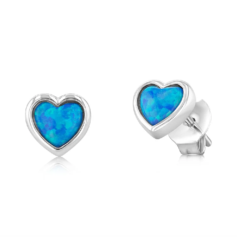 round gemstone earrings for women -Sterling Silver Heart Shaped Created Blue Opal Stud Earrings