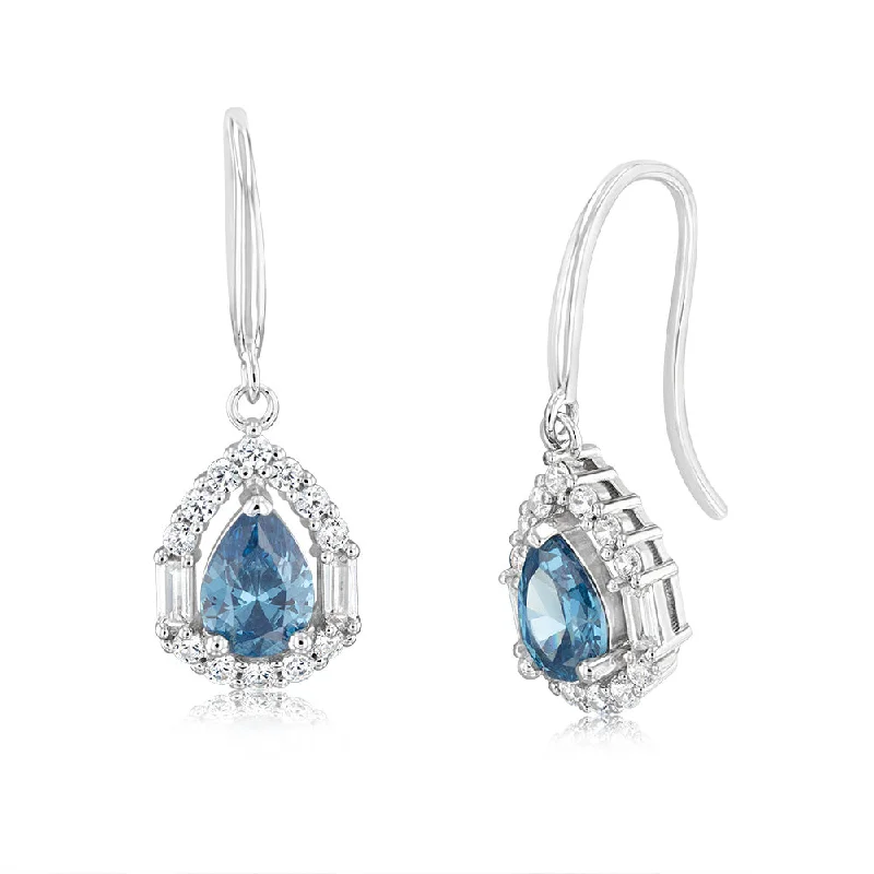 chic chandelier earrings for women -Sterling Silver Rhodium Plated White And Sapphire Cubic Zirconia Pear Shaped Drop Earrings