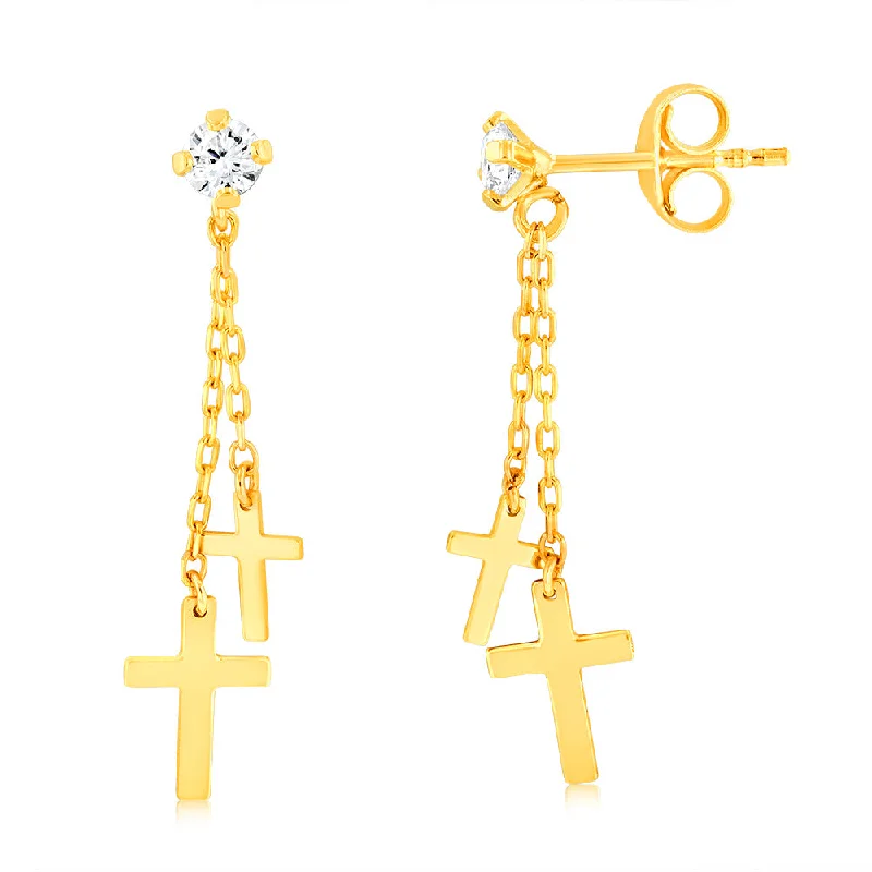 delicate crystal earrings for women -9ct Yellow Gold Double Cross On Chain Drop Earrings