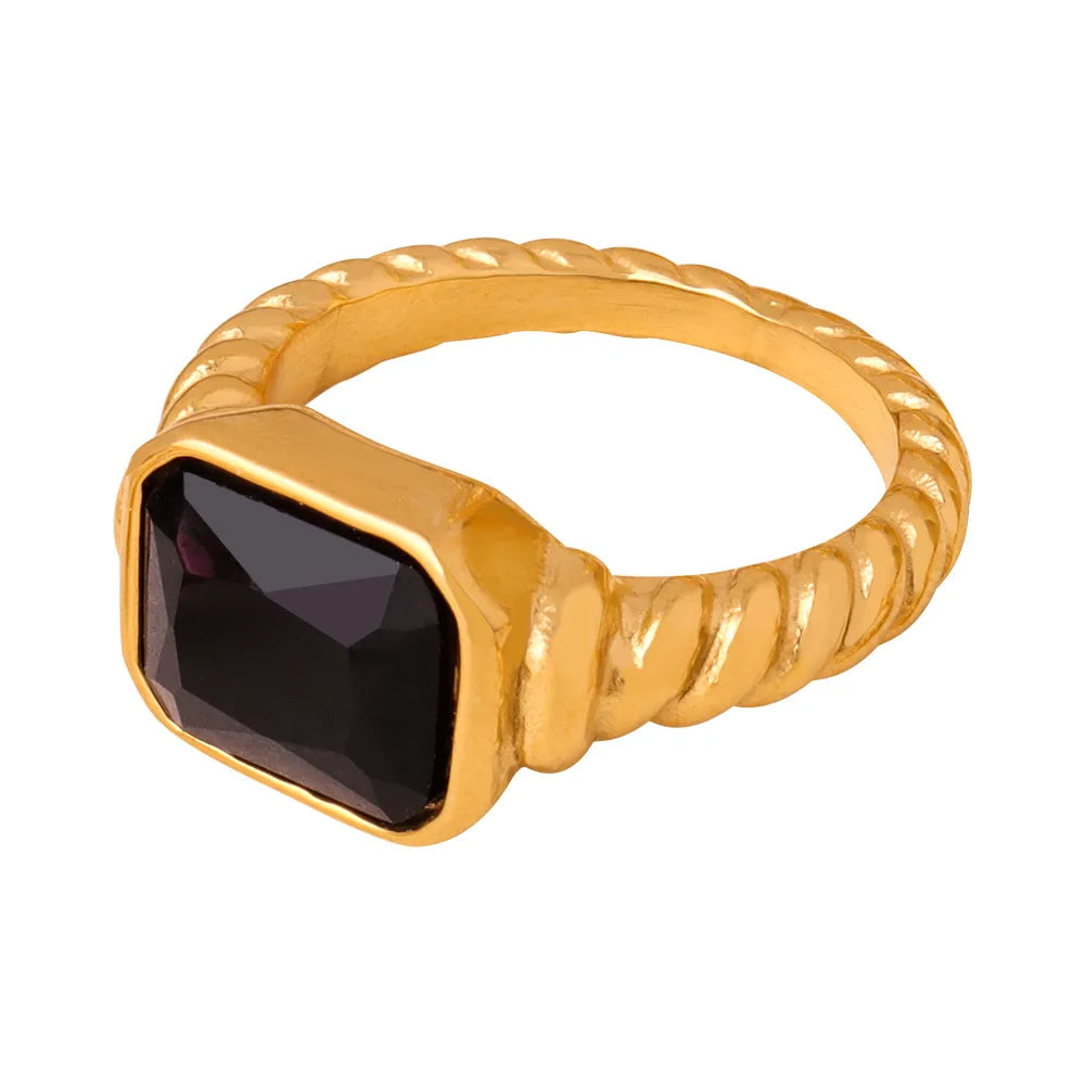 A504-Gold Black Glass Stone Ring-No. 6