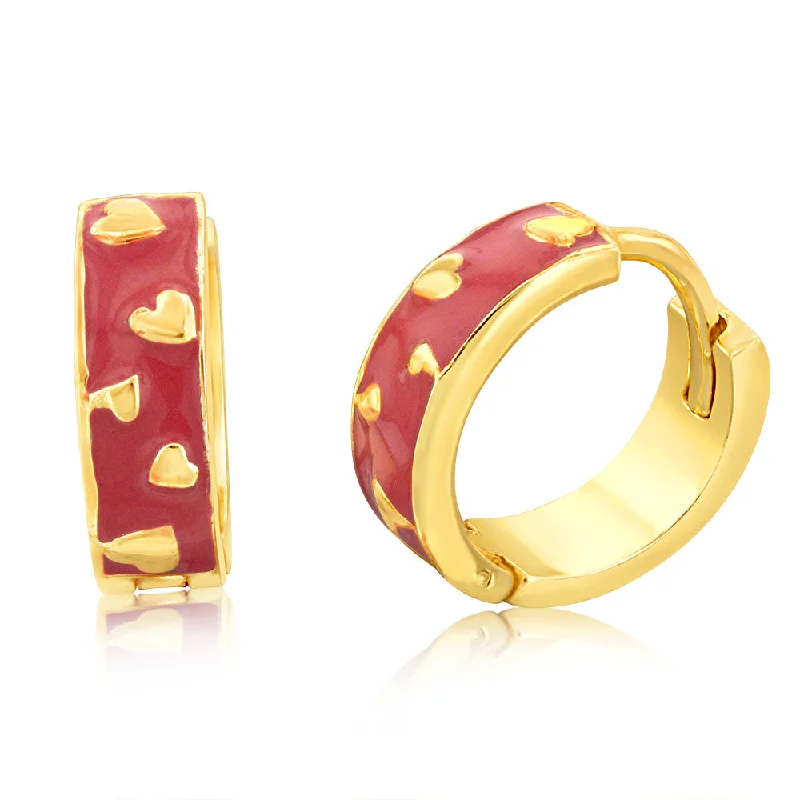 luxury hoop drop earrings for women -Gold Plated Sterling Silver Hearts Pink Enamel 13mm Hoop Earrings