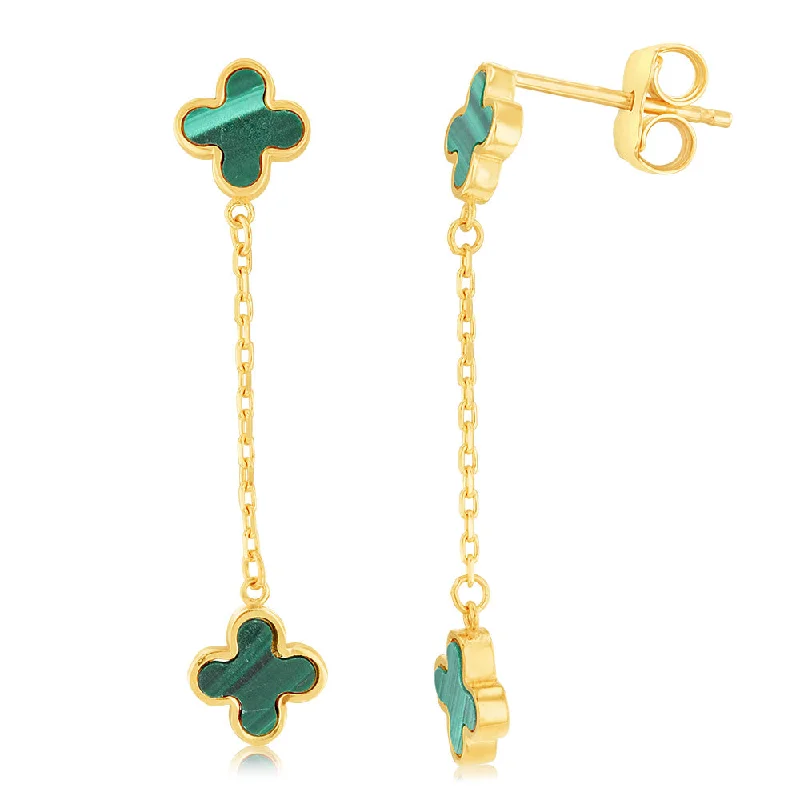 classic drop gemstone earrings for women -9ct Yellow Gold Malachite Clover Petal Drop Earrings