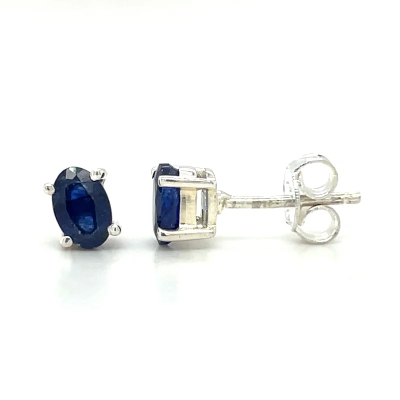 delicate gemstone stud earrings for women -Sterling Silver Oval Blue Sapphire Stud Earrings