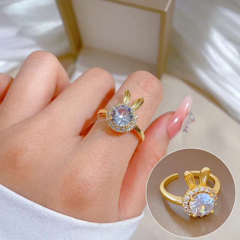 luxury wedding bands with colored diamonds for women -1 Piece Cartoon Style Rabbit Brass Inlaid Zircon Open Ring