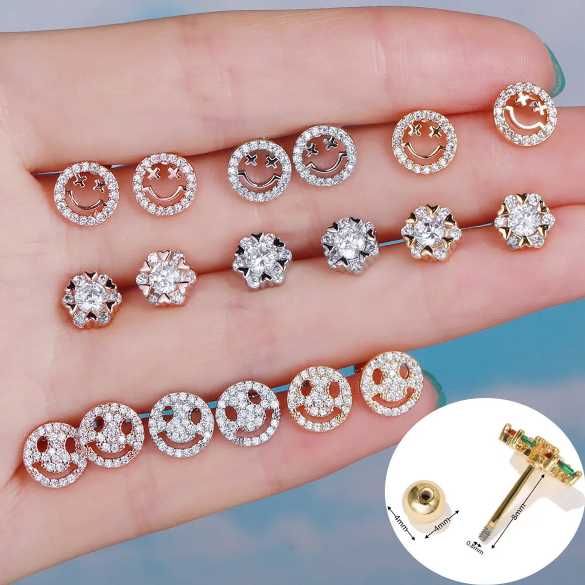 handmade diamond rings for women -Smiley Face Ear Bone Stud Micro Inlaid Zircon 20g Stainless Steel Rod Piercing Twist Ball Earring