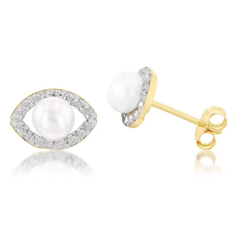 geometric statement earrings for women -9ct Yellow Gold Fresh Water Pearl And Crystal Elliptical Stud Earrings