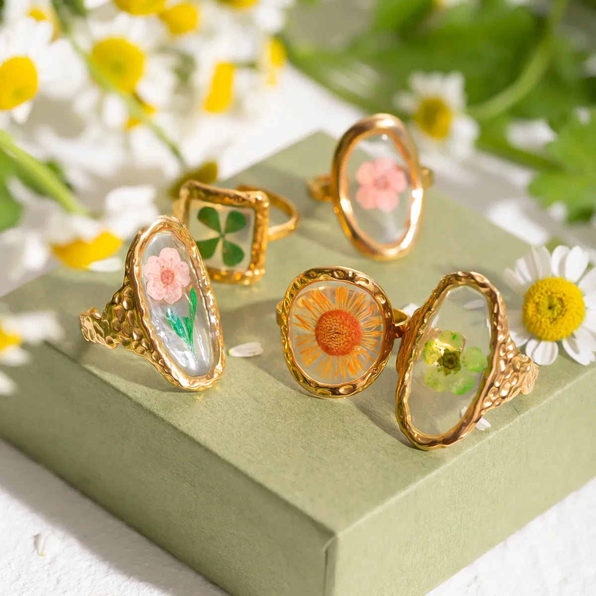 statement gemstone rings for women -Wholesale Jewelry Sweet Artistic Four Leaf Clover Oval Flower 304 Stainless Steel 18K Gold Plated Rings