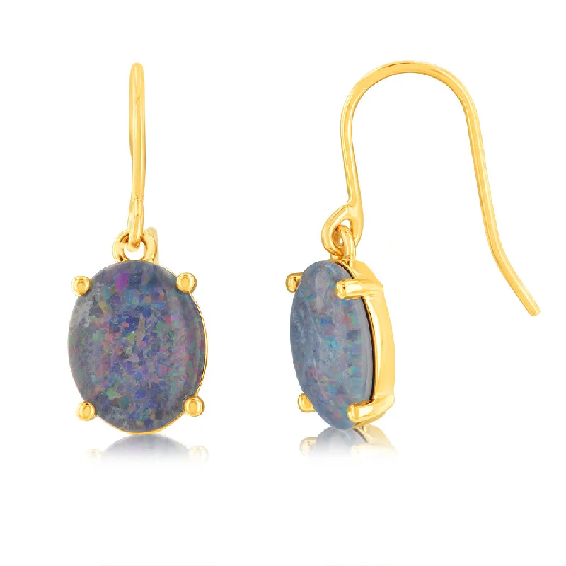 hoop earrings for women -9ct Yellow Gold Triplet Opal Hook Drop Earrings