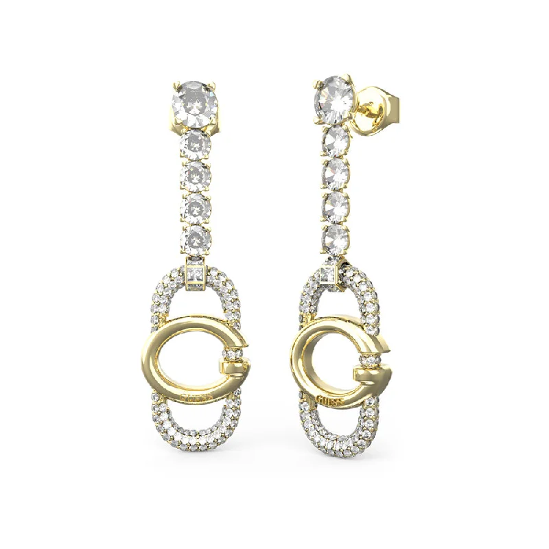 sparkling pearl drop earrings for women -Guess Gold Plated Stainless Steel 41mm G Logo and Crystal Tennis Drop Earrings