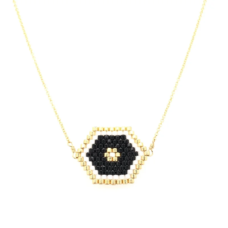 chic gemstone necklaces for women -Seed Bead Tribal Hexagon Black Necklace