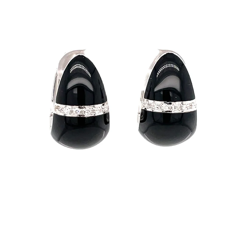 classic gold drop earrings for women -Sterling Silver Black Enamel & Diamond Huggie Hoop Earrings by SOHO