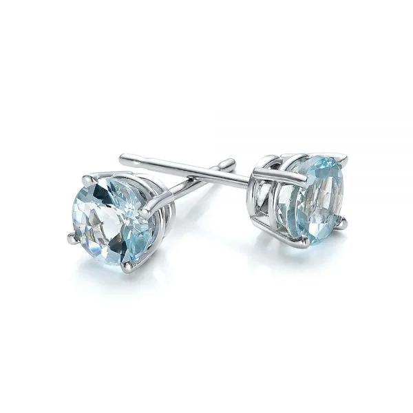 geometric stud earrings for women -Aquamarine 5mm Round Stud Earrings 14K White Gold