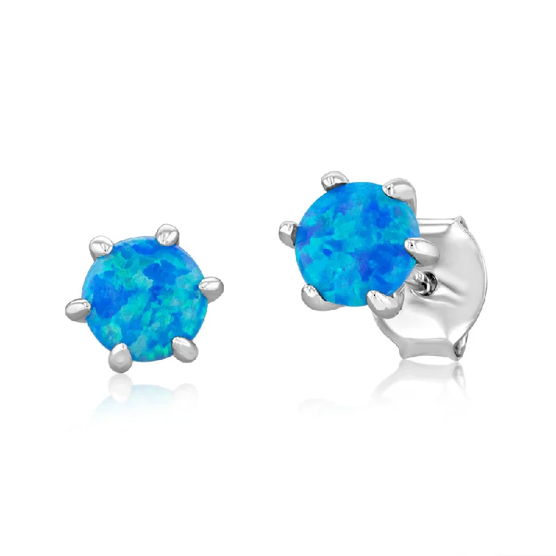 trendy hoop drop earrings for women -Sterling Silver Round Created Blue Opal Claw Stud Earrings