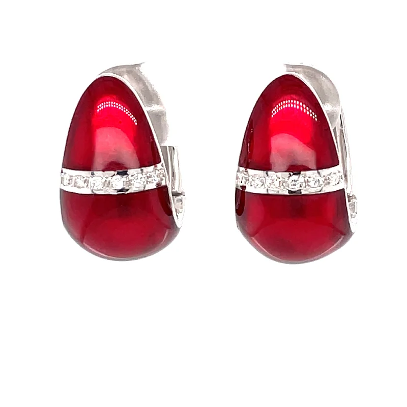 radiant gold stud earrings for women -Sterling Silver, Ruby Enamel, & Diamond Teardrop Shape Huggie Hoop Earrings by SOHO