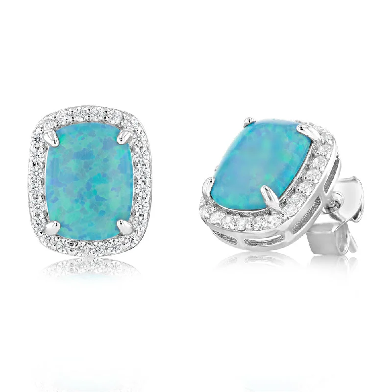 radiant diamond stud earrings for women -Sterling Silver Rhodium Plated Rectangle Created Turquoise Opal And White Zirconia Halo Stud Earrings