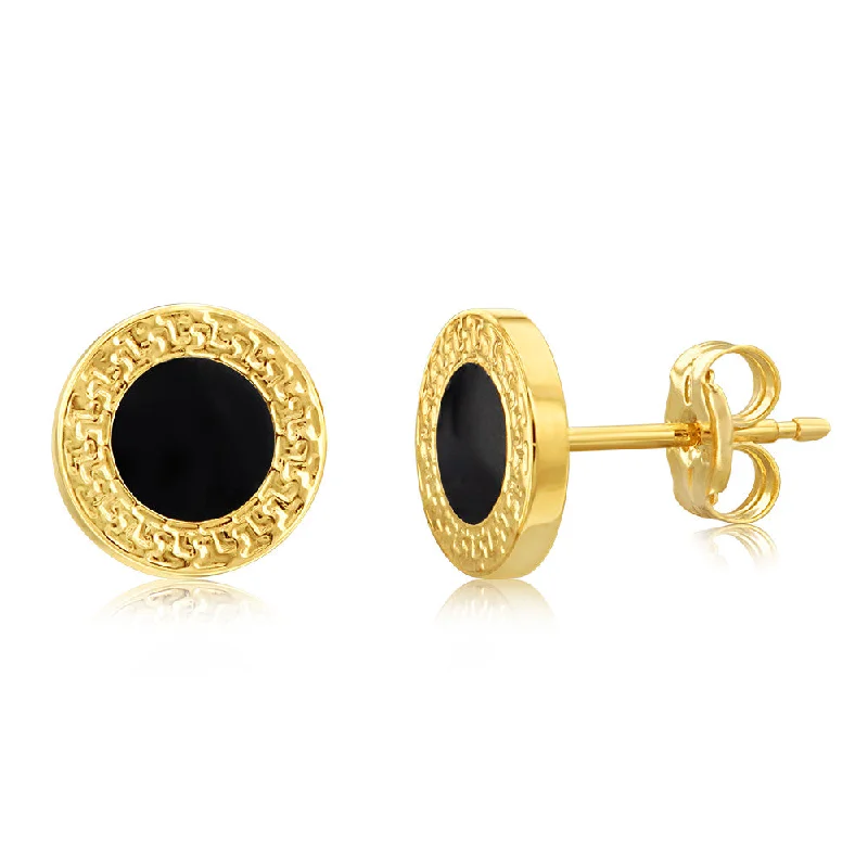 long gemstone earrings for women -9ct Yellow Gold Greek Key Edge Enamel 8mm Stud Earrings