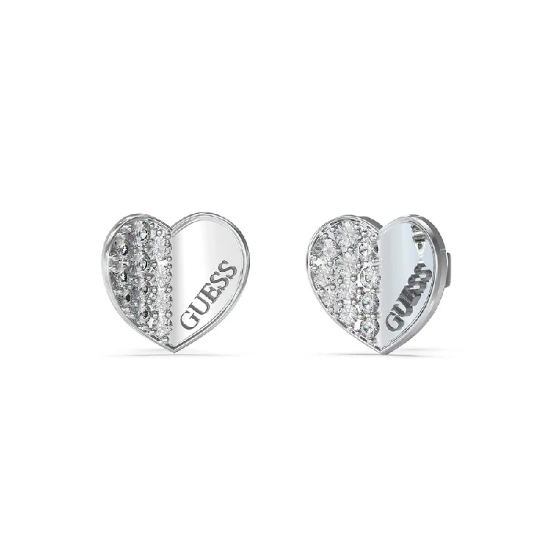 elegant hoop drop earrings for women -Guess Rhodium Plated Stainless Steel 12mm Plain & Pave Heart Stud Earrings