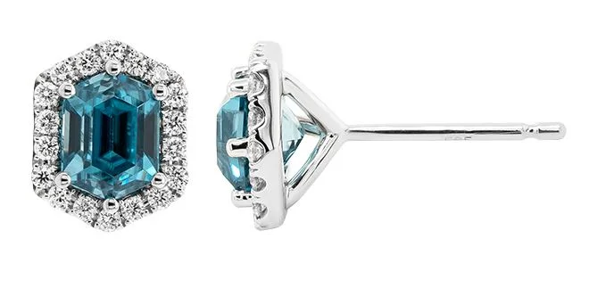 dazzling pearl stud earrings for women -14k White Gold Elongated Hexagon Step Cut Blue Zircon & Diamond Halo Stud Earrings