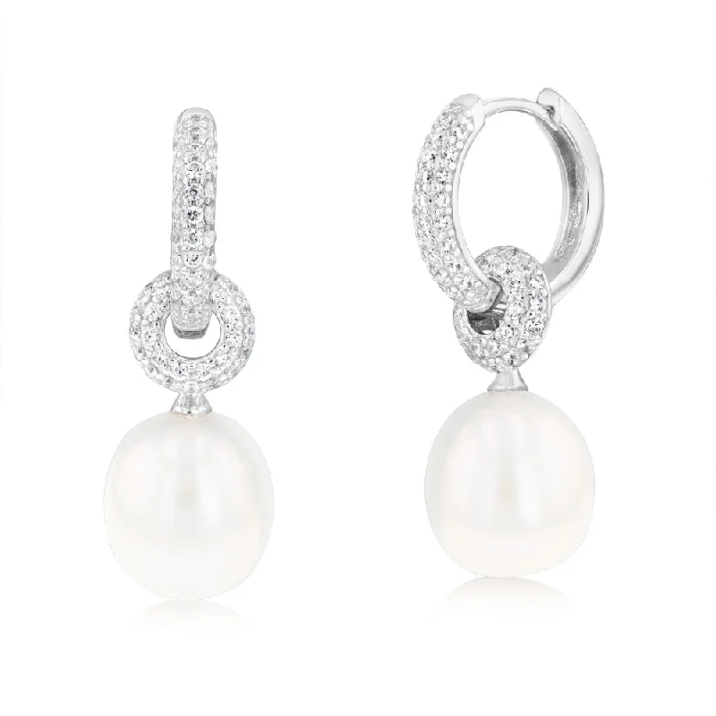 chic crystal dangle earrings for women -Sterling Silver Rhodium Plated 10.5-11mm Drop Fresh Water Pearl And Zirconia Earrings