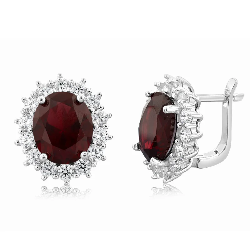 radiant pearl earrings for women -Sterling Silver Rhodium Plated Red Stone And White Cubic Zirconia Studs Earrings