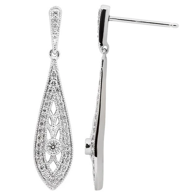 chic drop gemstone earrings for women -14k White Gold Vintage Inspired Diamond Dangle Fashion Earrings by Rego Designs