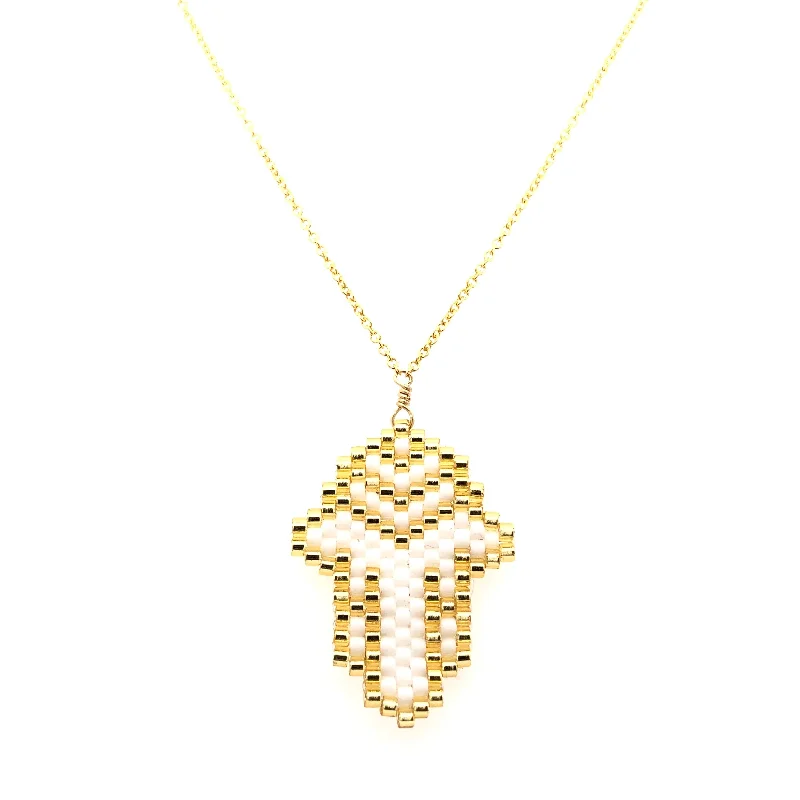 gemstone heart pendant necklaces for women -Seed Bead Hamsa White and Gold Necklace