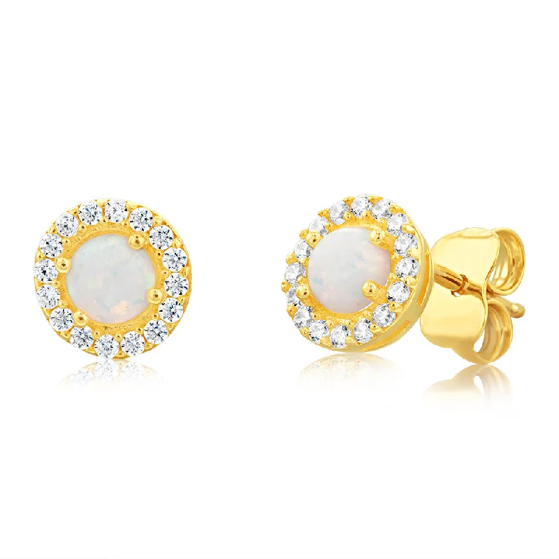 personalized earrings for women -9ct Yellow Gold Round Opal And Zirconia Stud Earrings