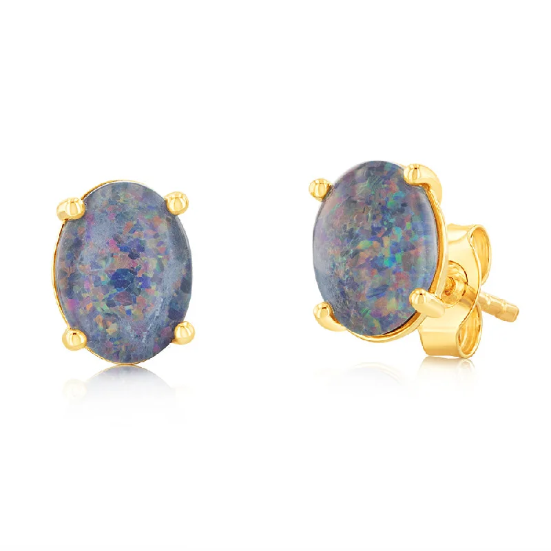 luxury gemstone chandelier earrings for women -9ct Yellow Gold Triplet Opal Stud Earrings