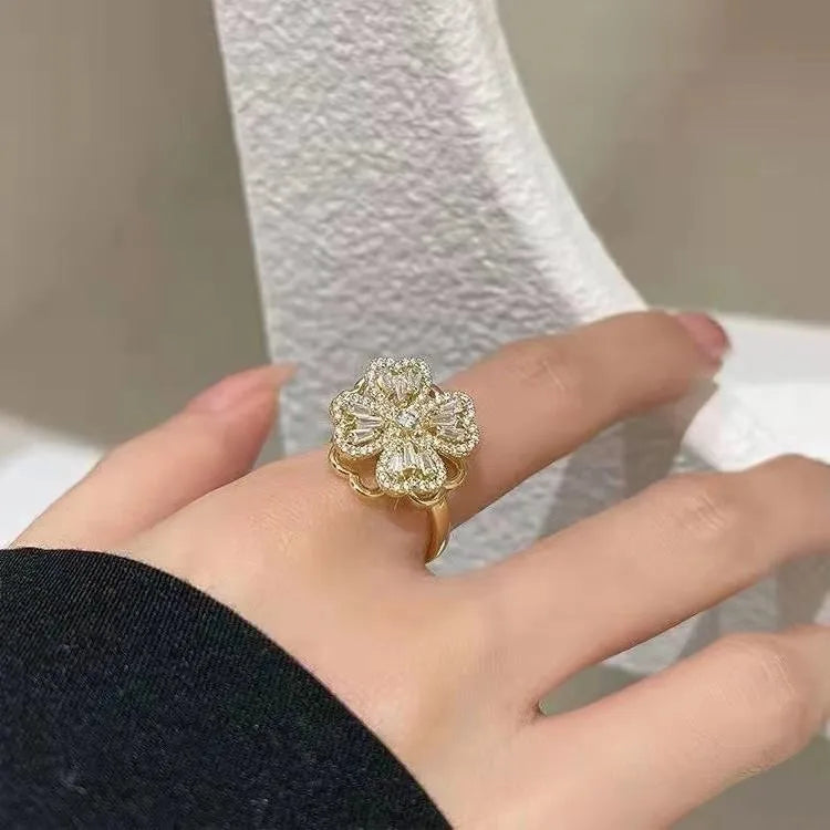 affordable wedding rings for women -Fashion Geometric Four Leaf Clover Copper Zircon Open Ring In Bulk