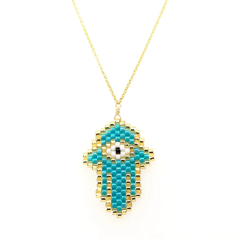 heart-shaped crystal necklaces for women -Seed Bead Hamsa Turquoise small Necklace