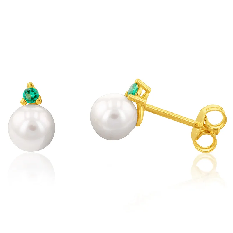 radiant gold earrings for women -9ct Yellow Gold Green Cubic Zirconia Pearl Stud Earrings