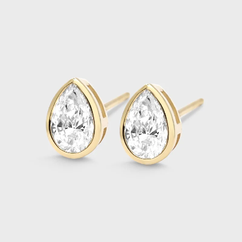 chic stud earrings for women -Bezel Set Pear Shape Studs