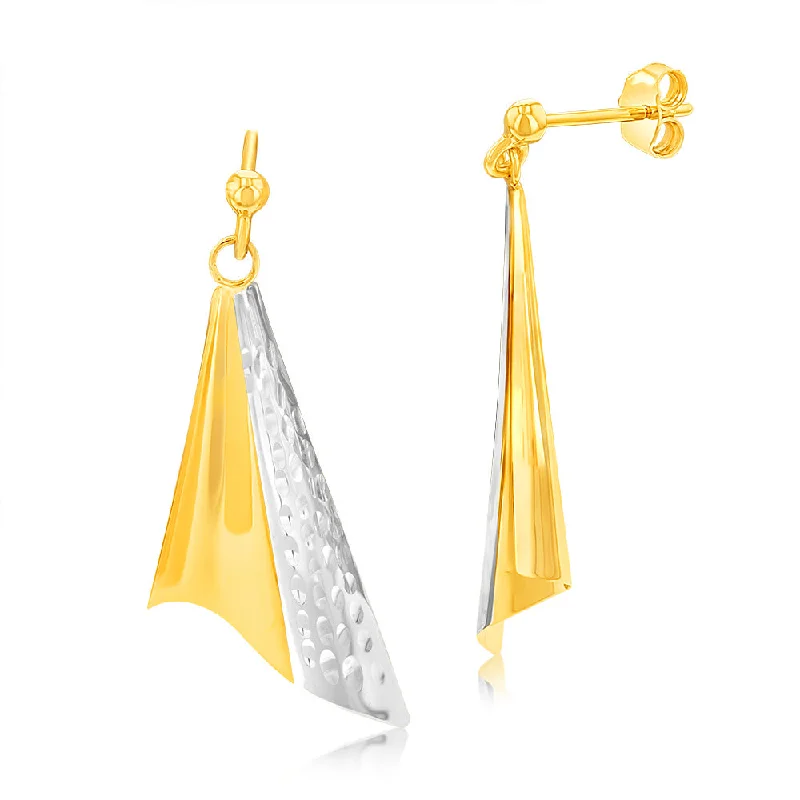 radiant diamond earrings for women -9ct Yellow And White Gold Folded Triangle Drop Earrings