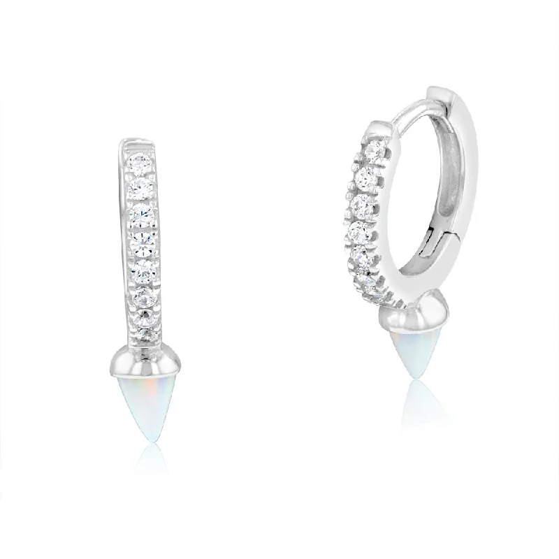 radiant diamond drop earrings for women -Sterling Silver Rhodium Plated Created White Opal & Zirconia Hoop Earrings