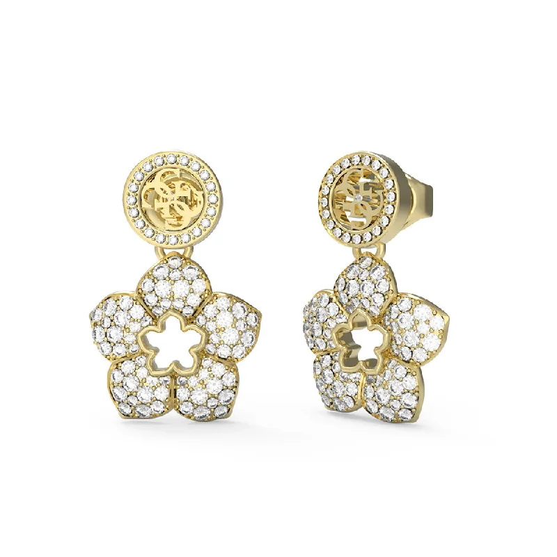 stylish gemstone hoop earrings for women -Guess Gold Plated Stainless Steel 4G And Pave Flower Drop Earrings