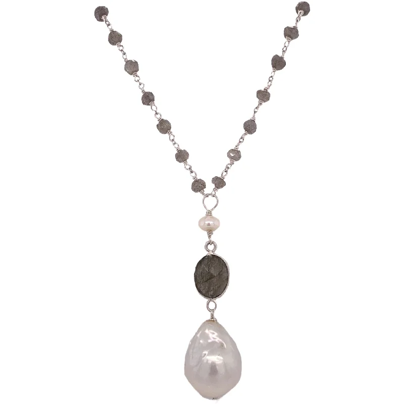 diamond bar necklaces for women -Silver labradorite cotton pearl