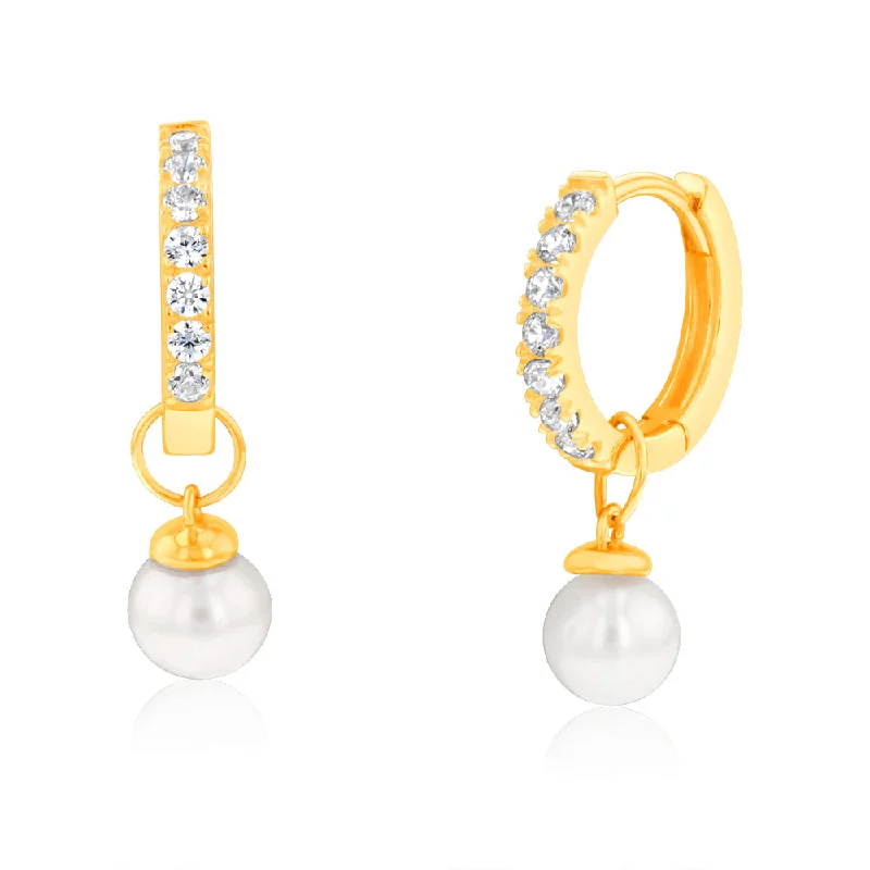 chic gemstone chandelier earrings for women -9ct Yellow Gold Freshwater Pearl And Cubic Zirconia Hoop Earrings