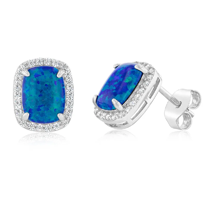 stylish drop earrings for women -Sterling Silver Rhodium Plated Rectangle Created Blue Opal And Zirconia Stud Earrings