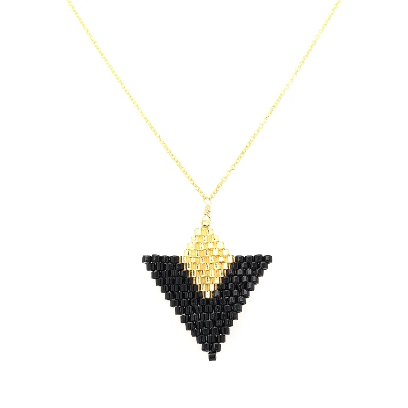 simple bar necklaces for women -Seed Bead Triangle Black and Gold Necklace