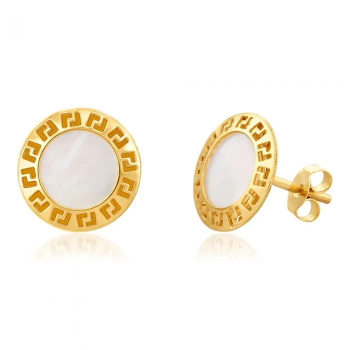 sparkly earrings for women -9ct Yellow Gold Mother Of Pearl Greek Key Disc Stud Earrings