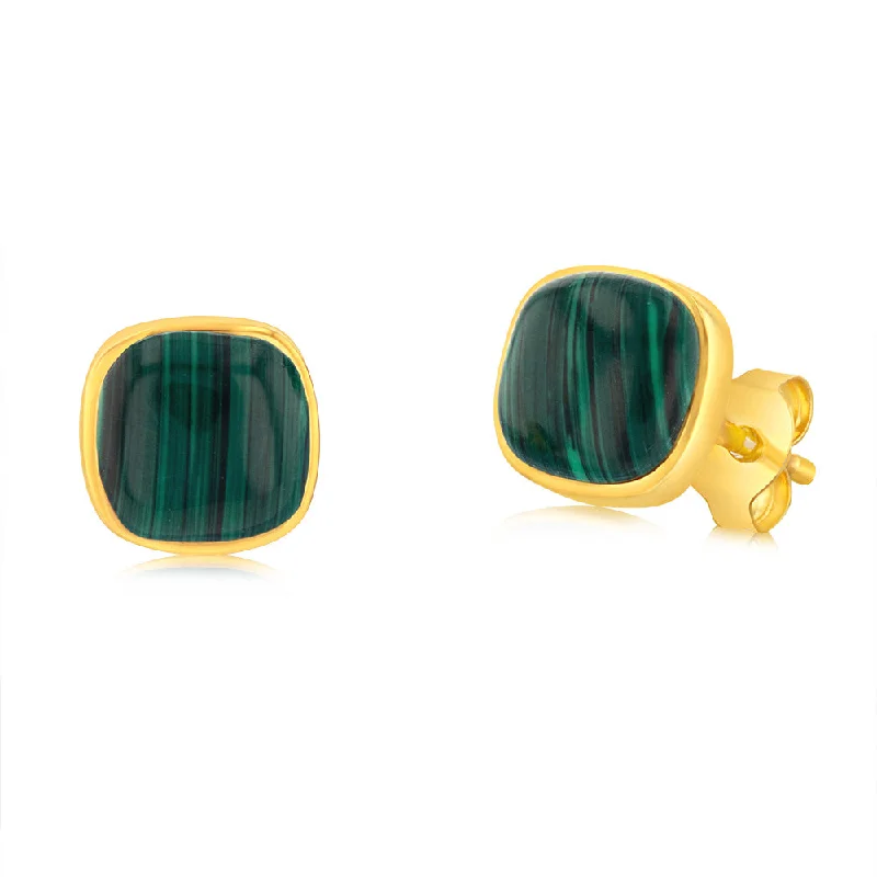 elegant dangle earrings for women -Sterling Silver Gold Plated Square Natural Malachite Stud Earrings